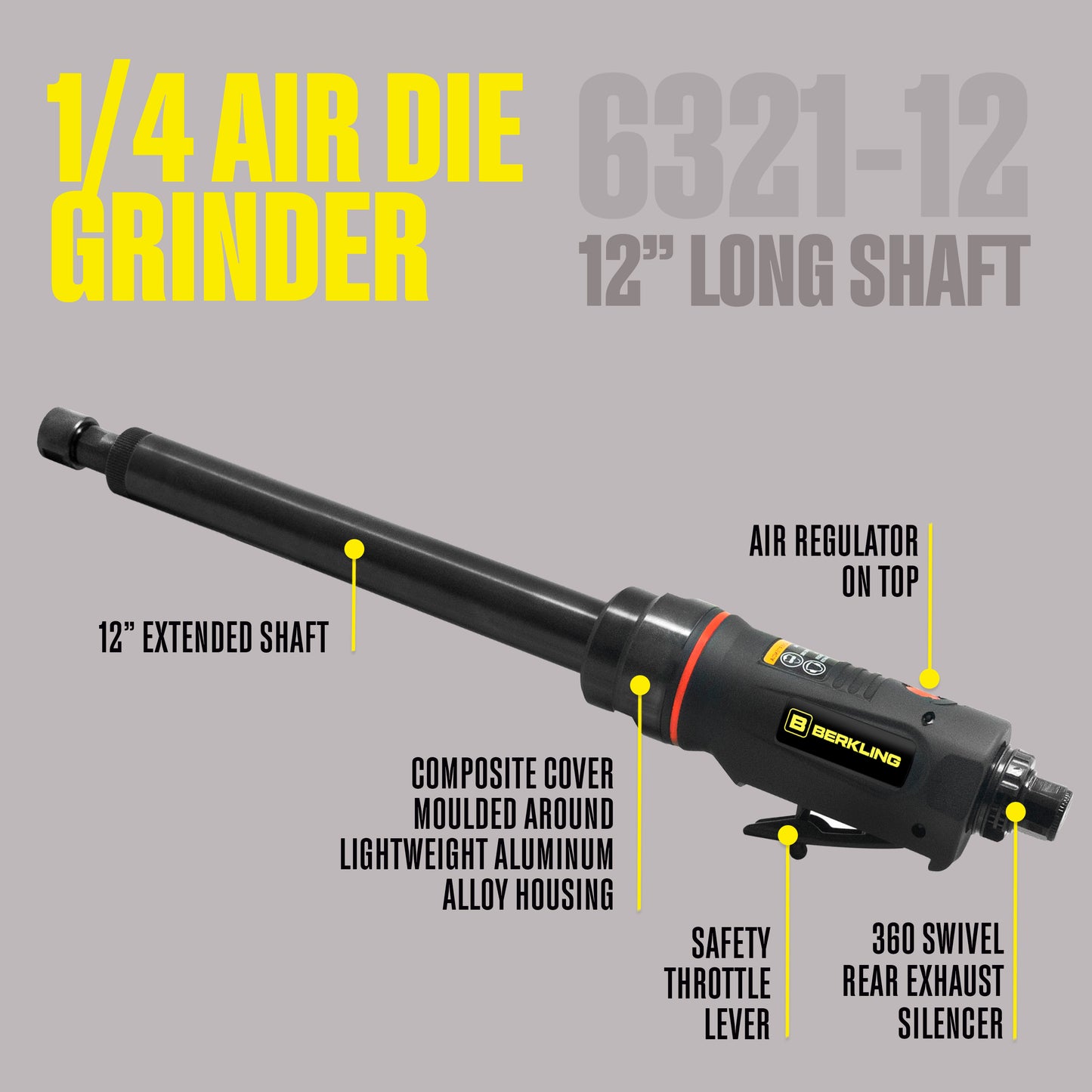 BT 6321-12 1/4“ Pneumatic Air Powered Professional Grade Straight Die Grinder with 12" Extended Shaft