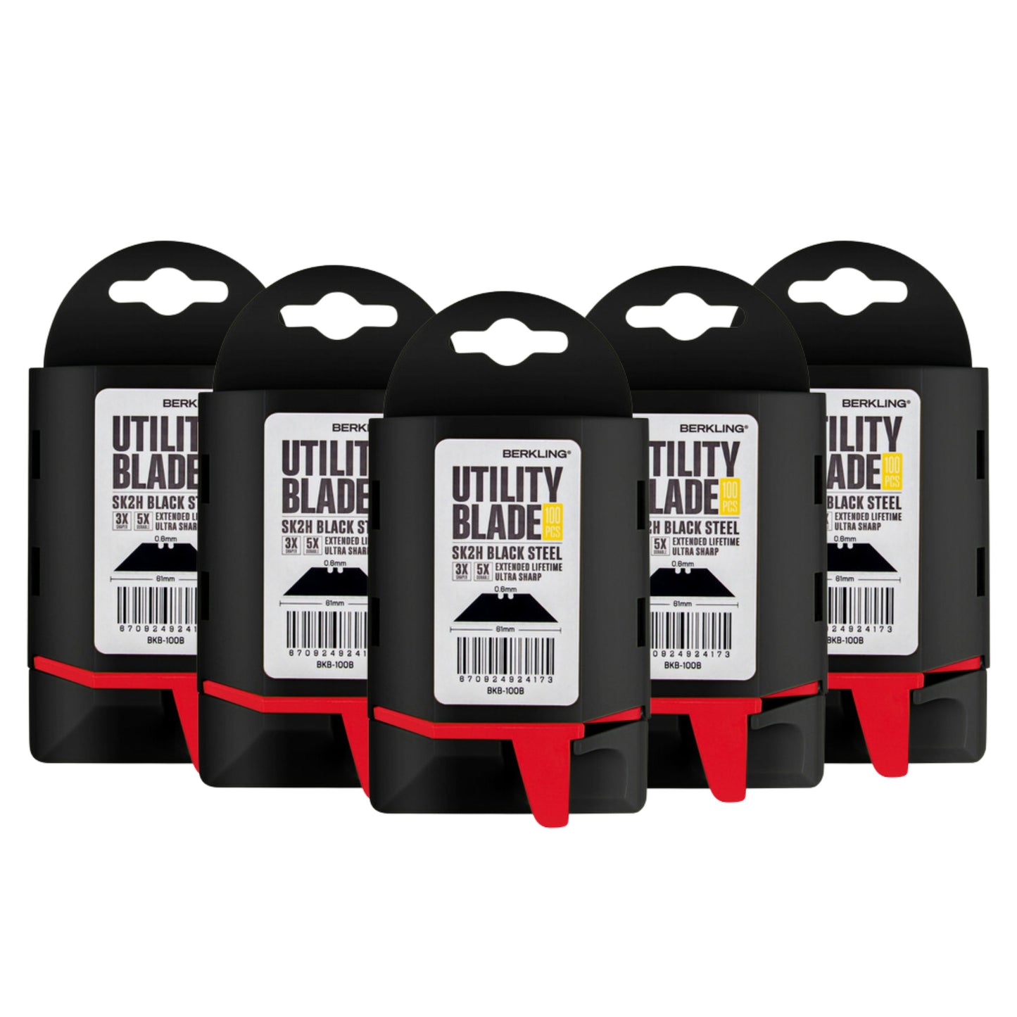 Berkling Paquete de 100 cuchillas para cuchillos multiusos con dispensador, acero negro endurecido SK2H, ultra 3 veces más afiladas y 5 veces más duraderas, compatibles con la mayoría de los cortadores de cajas