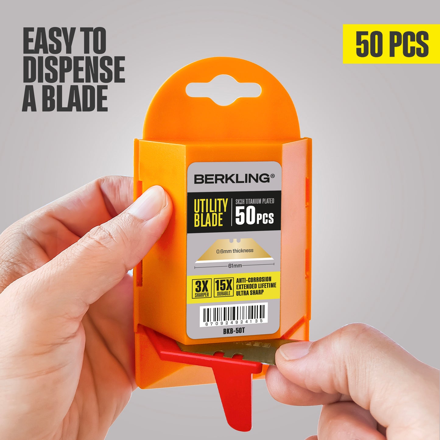 Berkling Titanium Plated SK2H Utility Knife Blade Set, 50-Pack with Dispenser