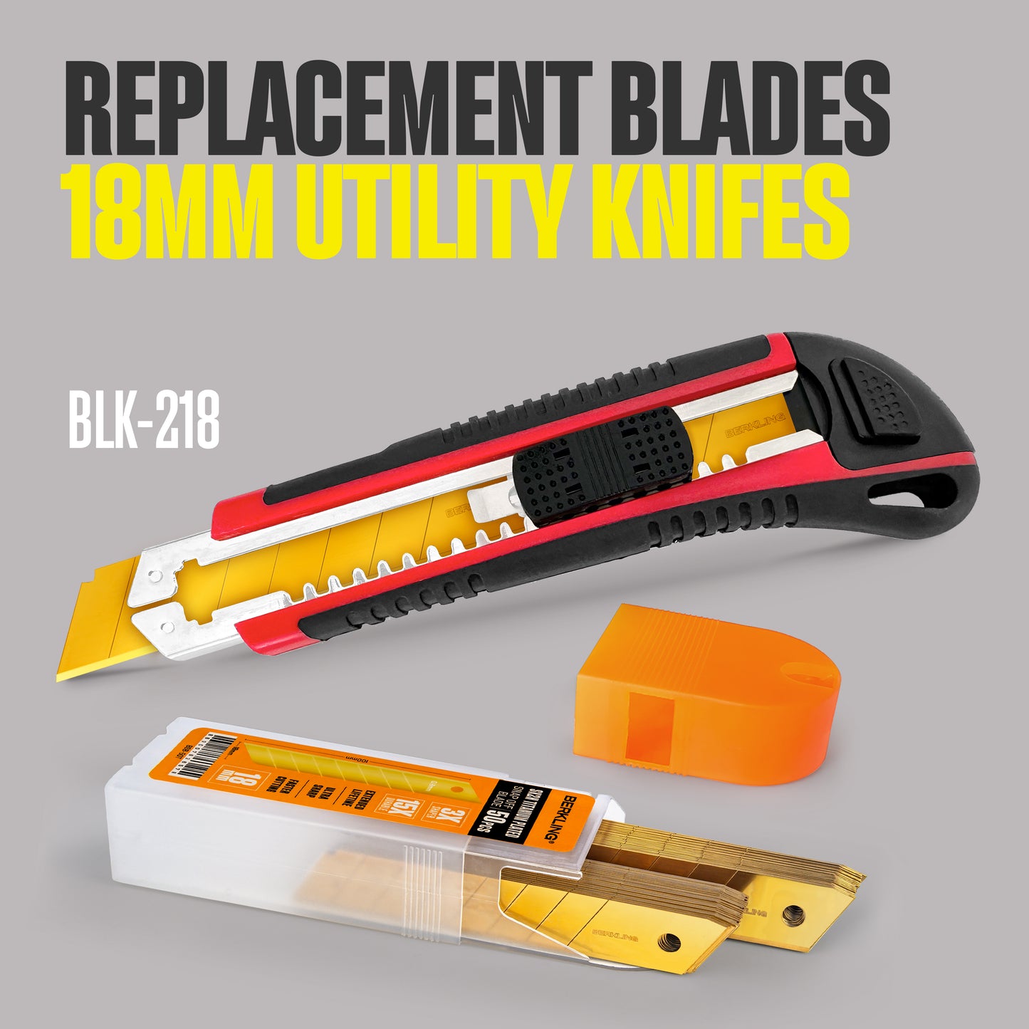 Berkling Cuchillas para cuchillos multiusos de 18 mm, hoja de repuesto de acero SK2H chapada en titanio, paquete de 50