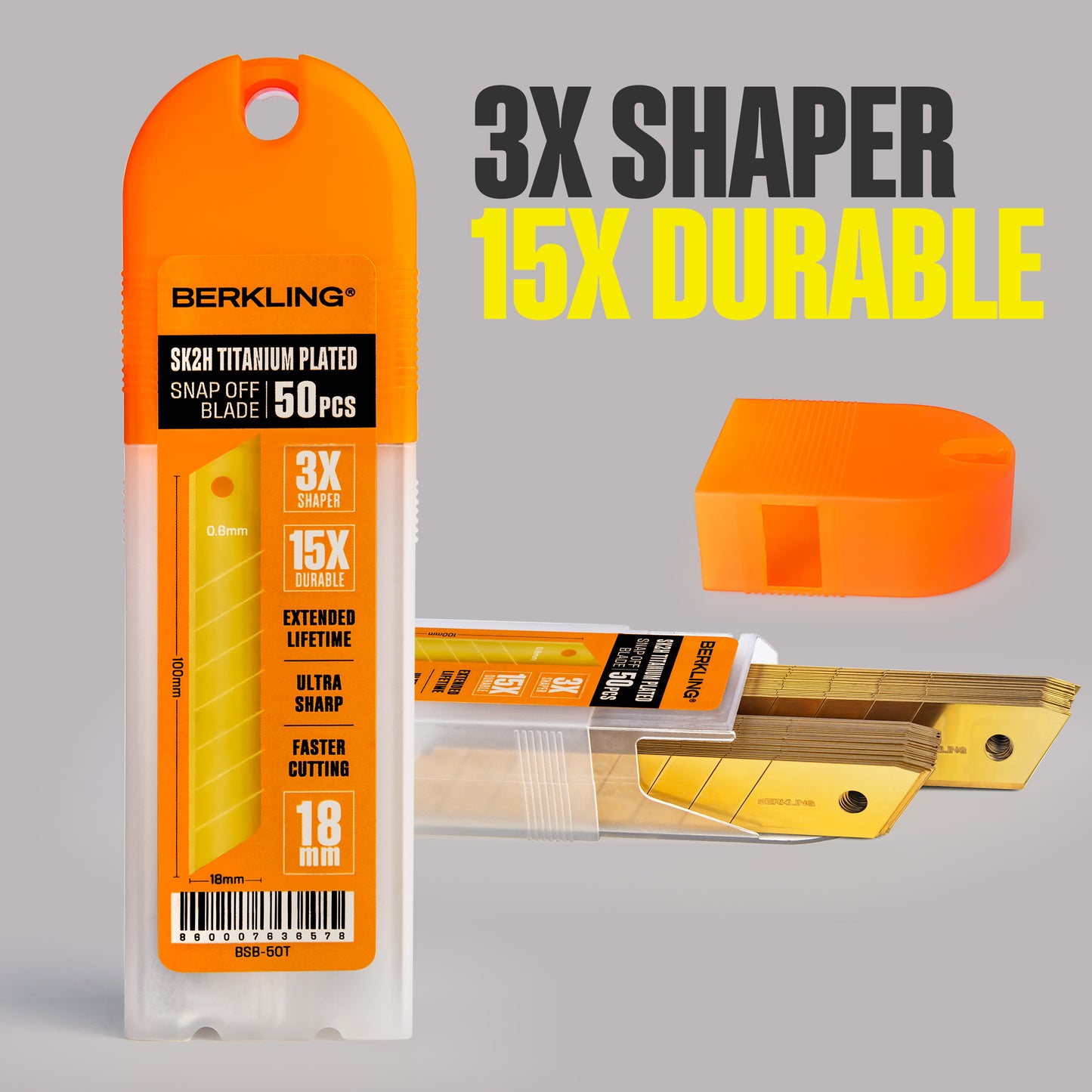 Berkling Cuchillas para cuchillos multiusos de 18 mm, hoja de repuesto de acero SK2H chapada en titanio, paquete de 50