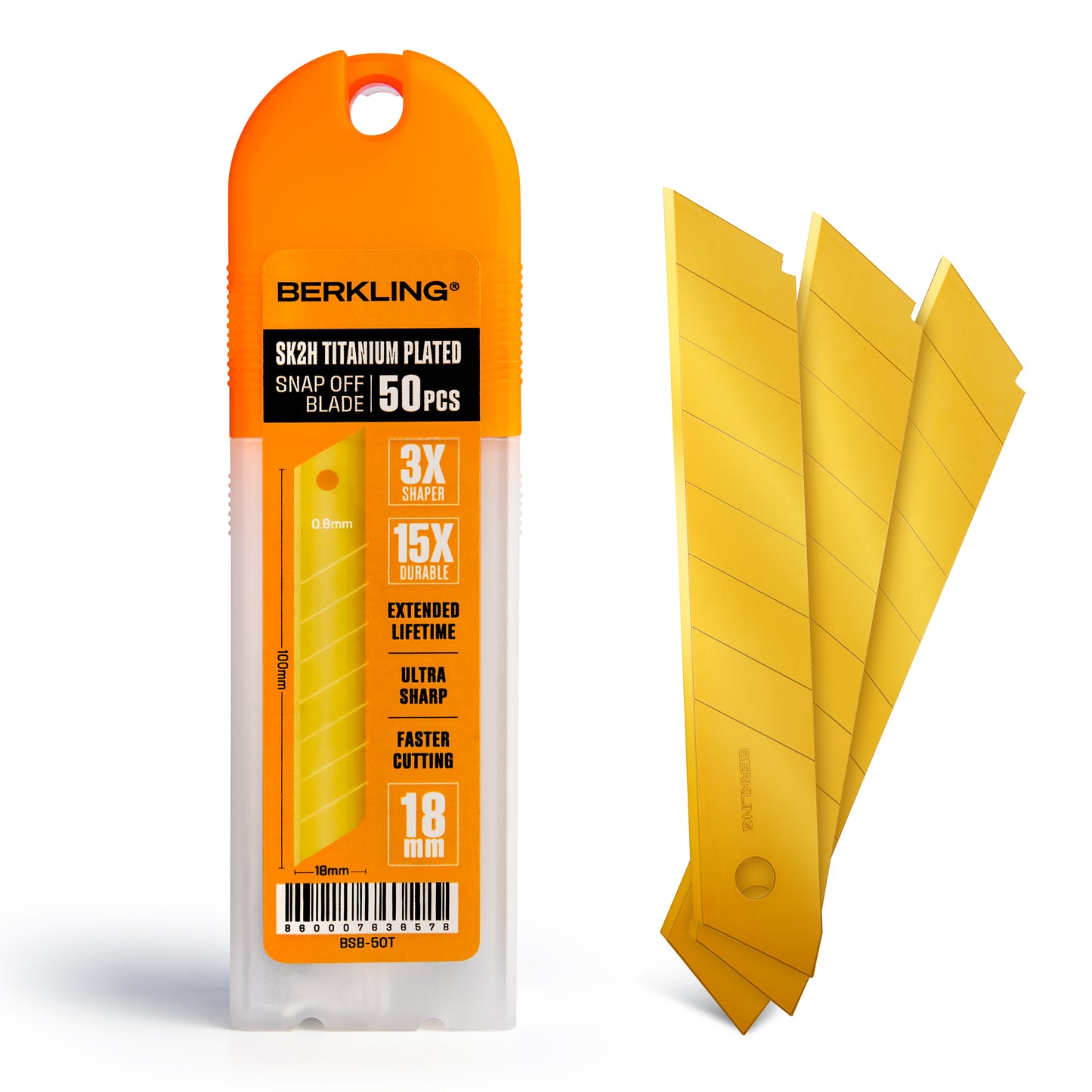 Berkling Cuchillas para cuchillos multiusos de 18 mm, hoja de repuesto de acero SK2H chapada en titanio, paquete de 50