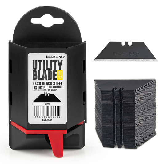 Berkling Utility Knife Blades, SK2H Blackened Steel, 100-Pack with Dispenser