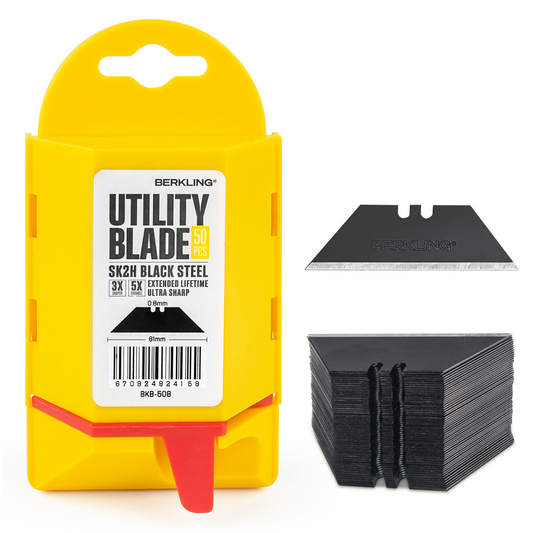 Berkling Utility Knife Blades, SK2H Blackened Steel, 50-Pack with Dispenser