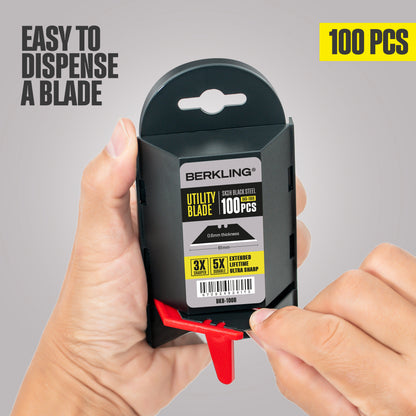 Berkling Utility Knife Blades, SK2H Blackened Steel, 100-Pack with Dispenser