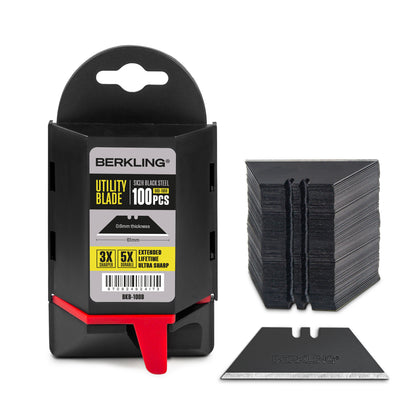 Berkling Utility Knife Blades, SK2H Blackened Steel, 100-Pack with Dispenser
