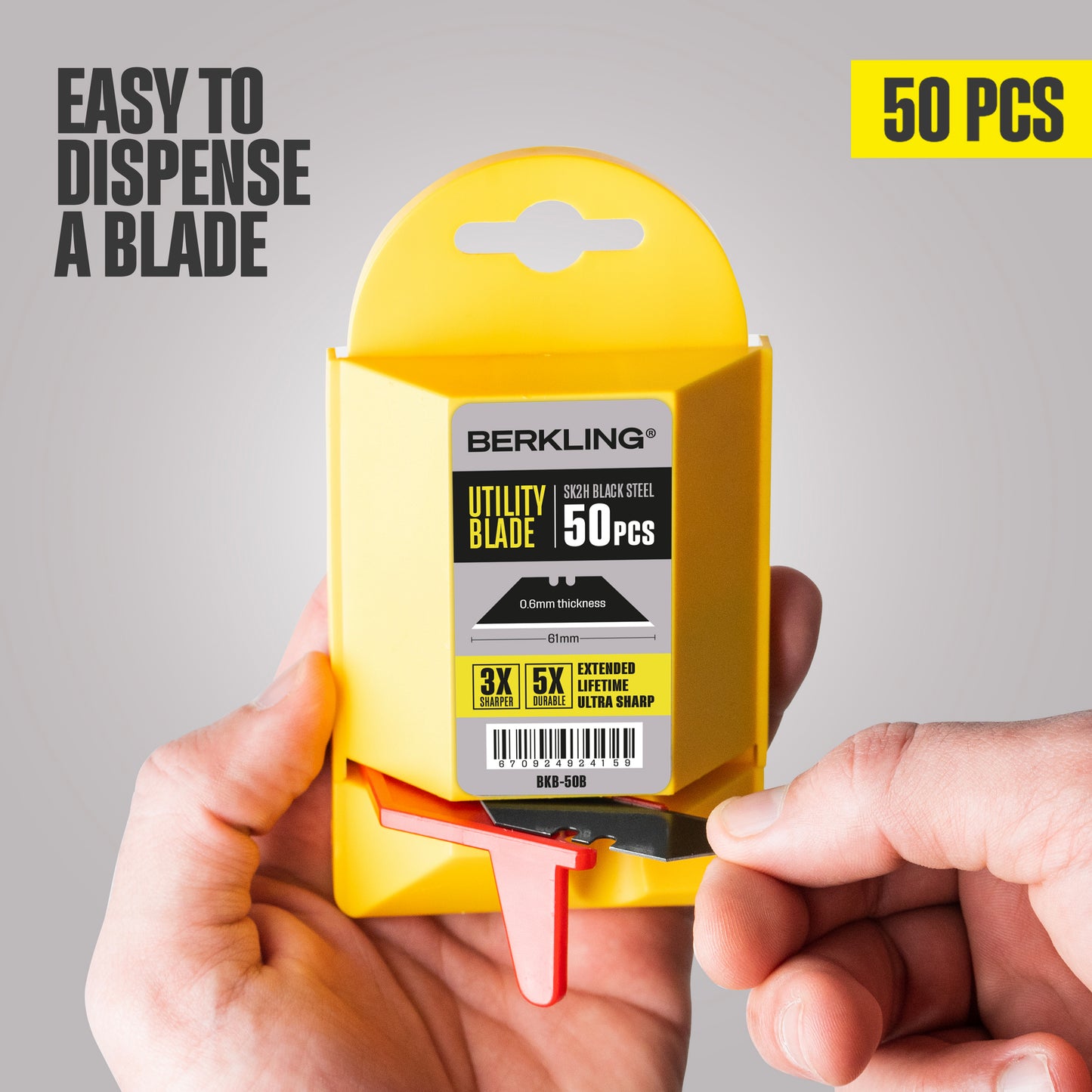 Berkling Paquete de 50 cuchillas para cuchillos multiusos con dispensador, acero negro endurecido SK2H, ultra 3 veces más afiladas y 5 veces más duraderas, compatibles con la mayoría de los cortadores de cajas