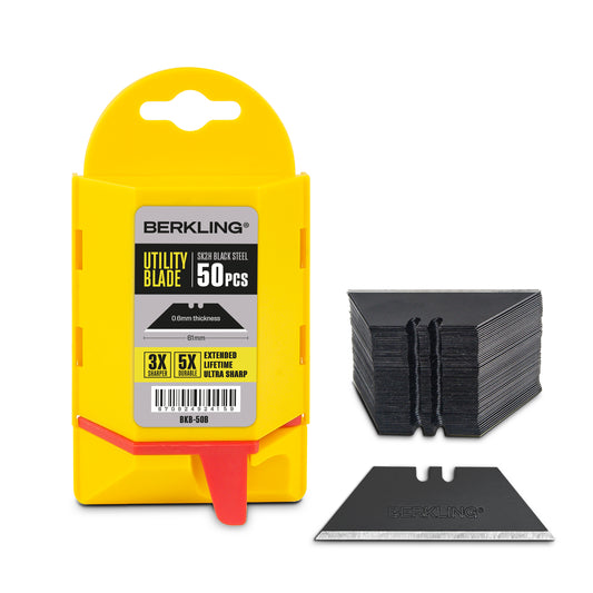 Berkling Utility Knife Blades, SK2H Blackened Steel, 50-Pack with Dispenser