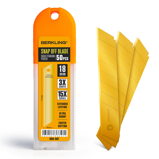 18mm Titanium-Plated SK2H Utility Knife Blades - Pack of 50 | Berkling
