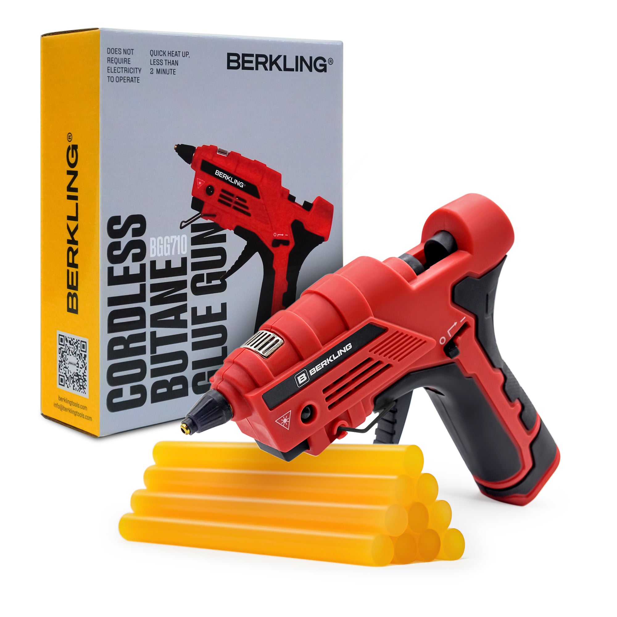 Berkling BBG-710 Cordless Butane Hot Glue Gun, Quick Heat Up, Smart Temp Control, 7ml Fuel Tank, 1.5hr Operation, 5 Sec Quick Recharge, 10 Glue Sticks