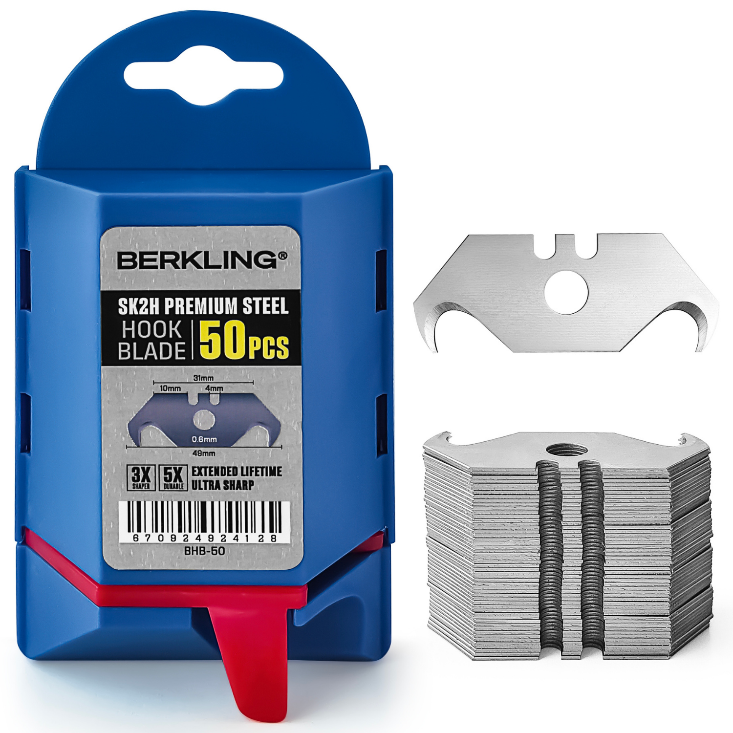 Berkling SK2H Hook Blade Utility Knife Blade 50-Pack With Dispenser, Ultra 3X Sharper and 5X More Durable, Compatible w/ Most Box & Carpet Cutters