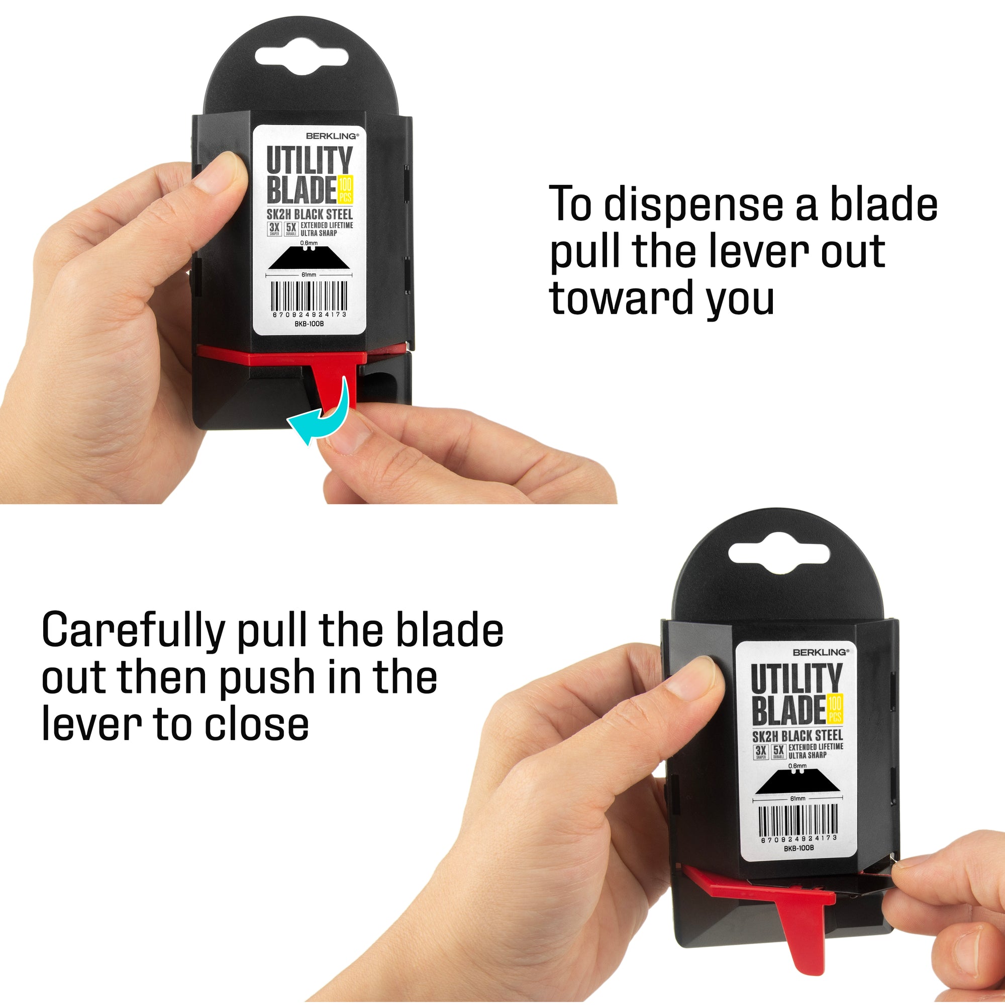 Berkling Utility Knife Blades 100Pack With Dispenser, SK2H Hardened Black Steel, Ultra 3X Sharper and 5X More Durable, Compatible w/ Most Box Cutters