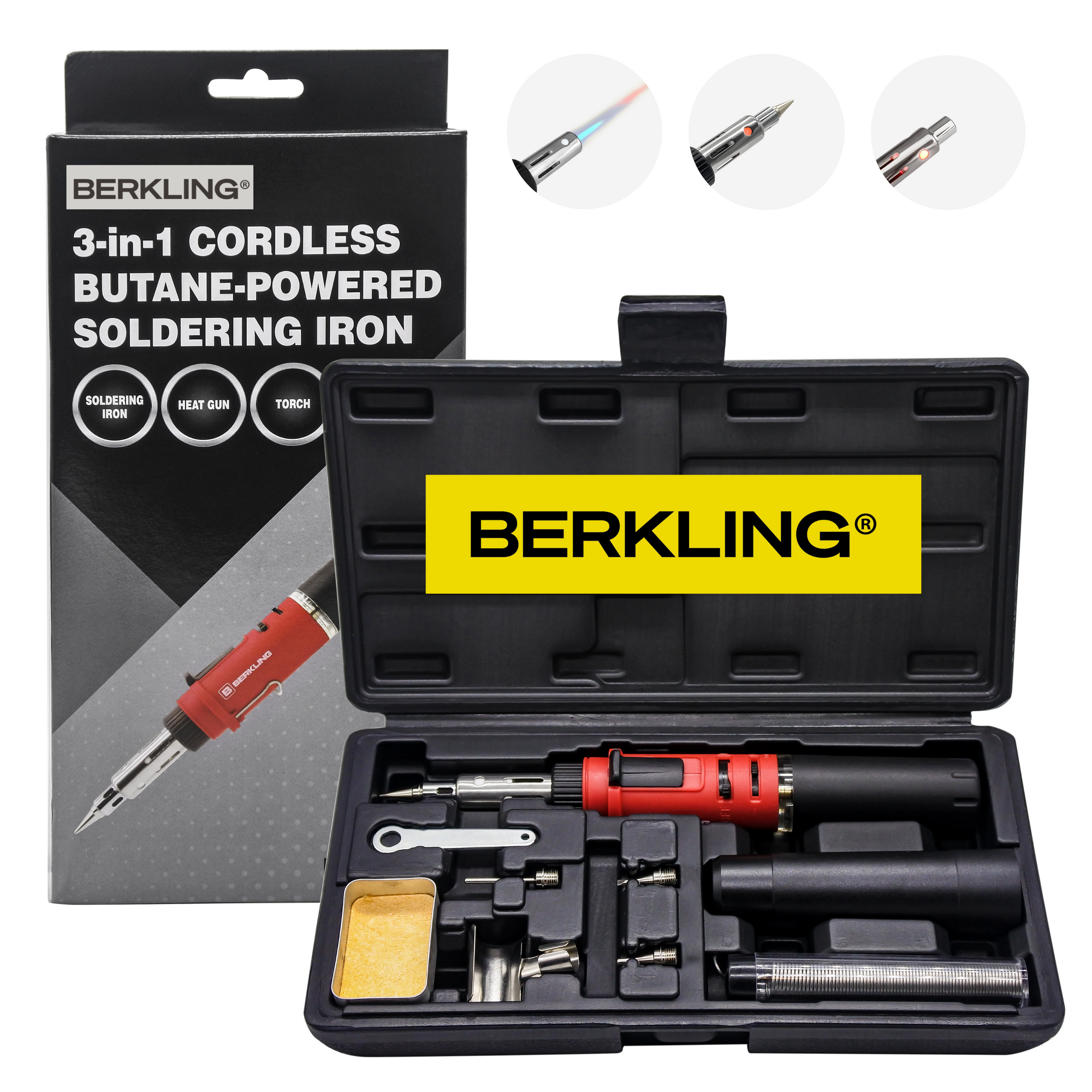 Berkling BSG-568KR Kit de soldador de butano: pistola de calor con soplete de soldadura inalámbrico, incluye 3 puntas, alambre de soldadura con núcleo de resina 60/40 de 15 g, mini llave, esponja 