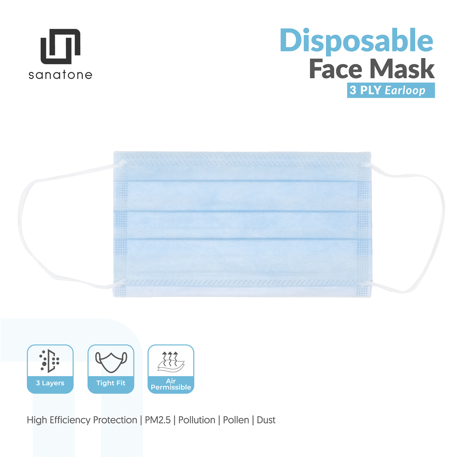 Mascarilla facial desechable Sanatone de 3 capas (50 piezas)